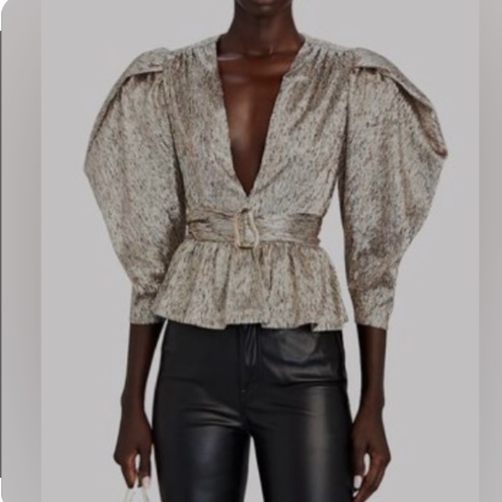 NWT Sabina Musayev Cosmos Lurex Belted Puff Sleeve Top, Size M
